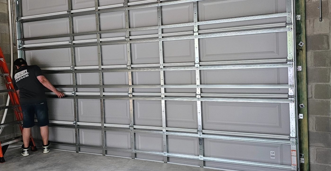 A new Trinity garage door at dusk