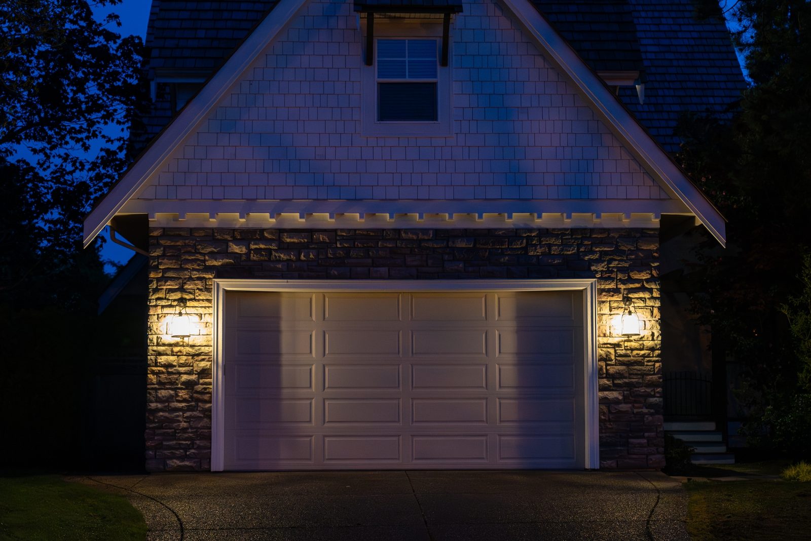 A dimly lit garage interior at night