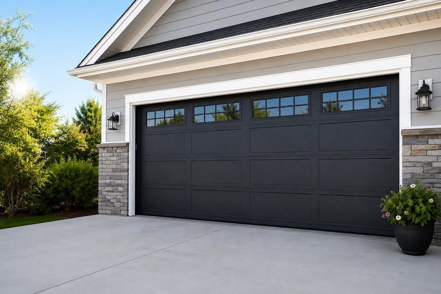 A dark garage door on a Tampa Bay home